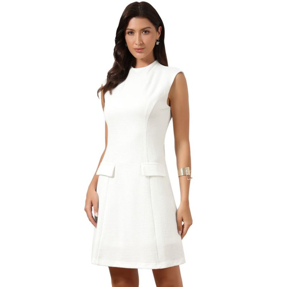 Women Tweed Sheath Dress Summer Professional Work Business Dress White